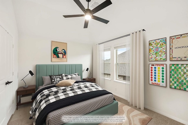 carpeted bedroom with ceiling fan