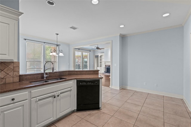 kitchen featuring ornamental molding, black dishwasher, sink, and white cabinets