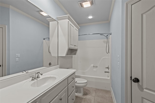 full bathroom featuring crown molding, vanity, tile patterned floors, shower / bathtub combination, and toilet