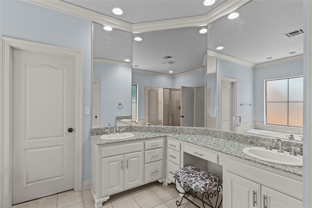 bathroom featuring tile patterned flooring, plus walk in shower, ornamental molding, and vanity