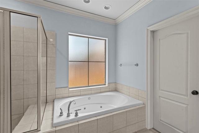 bathroom featuring crown molding and plus walk in shower