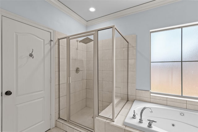 bathroom with crown molding and shower with separate bathtub
