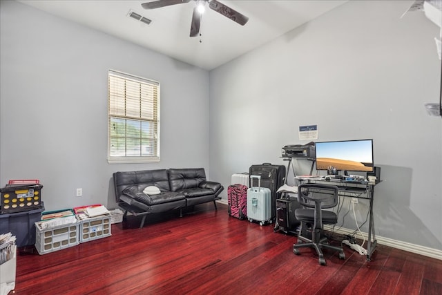 office area with wood-type flooring and ceiling fan