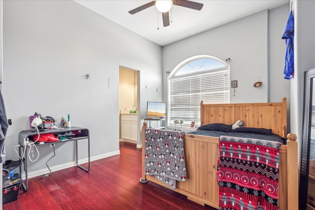 bedroom with dark hardwood / wood-style flooring and ceiling fan