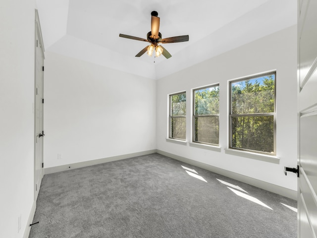 spare room with a raised ceiling, ceiling fan, and light carpet