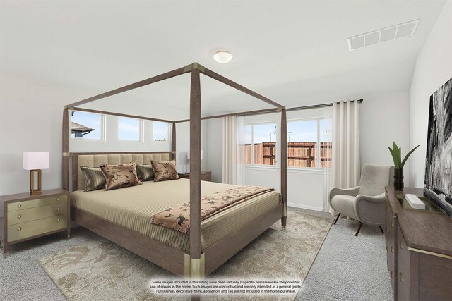 carpeted bedroom featuring lofted ceiling