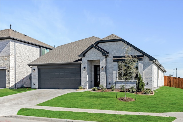 view of front of house featuring a front lawn and a garage