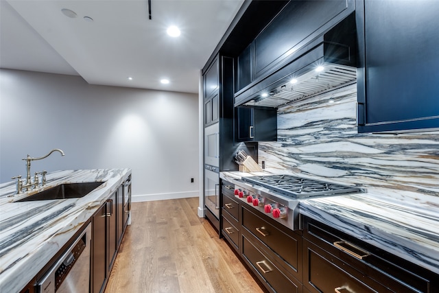 kitchen with light hardwood / wood-style flooring, stainless steel appliances, sink, premium range hood, and decorative backsplash