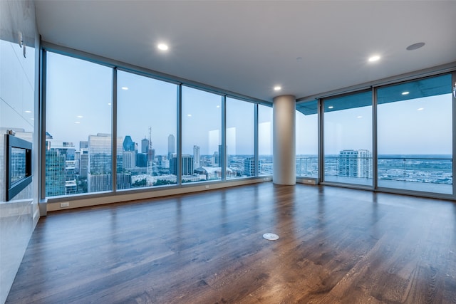 empty room featuring expansive windows and dark hardwood / wood-style floors