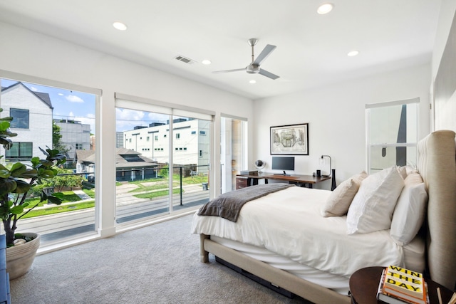 bedroom with carpet flooring, ceiling fan, and access to exterior