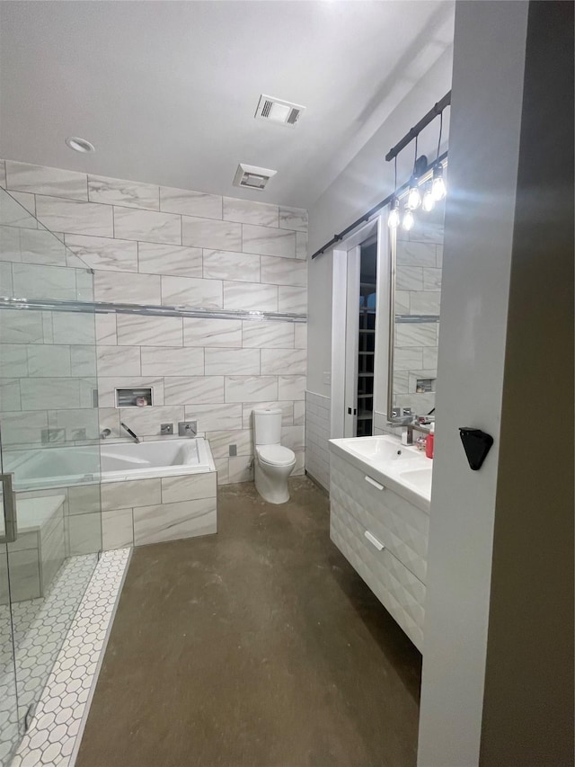 full bathroom featuring toilet, plus walk in shower, tile walls, concrete flooring, and vanity