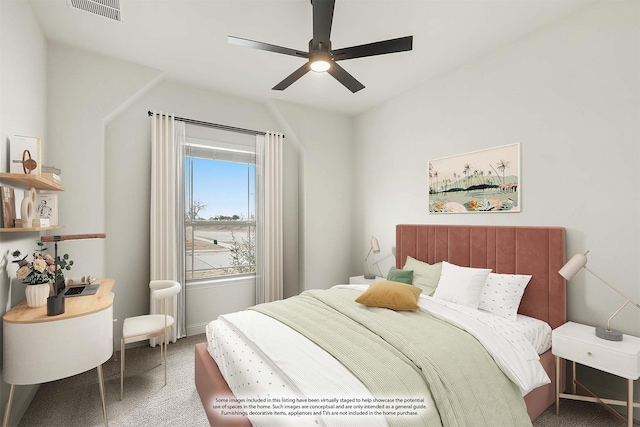 carpeted bedroom with ceiling fan