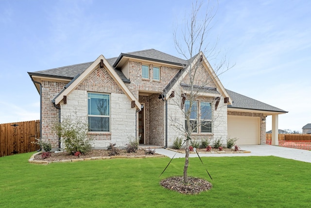 craftsman-style house with a garage and a front lawn