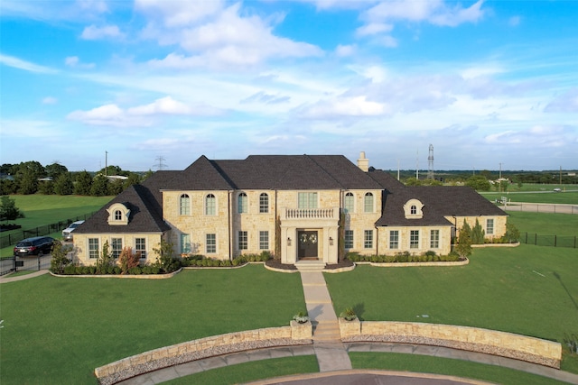 french country home with a balcony and a front lawn