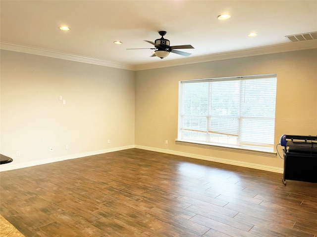 interior space featuring ornamental molding, ceiling fan, and hardwood / wood-style flooring