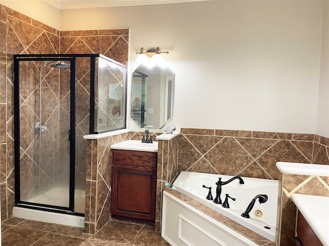 bathroom featuring ornamental molding, vanity, separate shower and tub, and tile patterned flooring