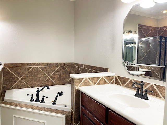 bathroom with plus walk in shower, vanity, and crown molding