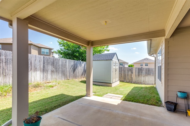 view of patio / terrace featuring a shed