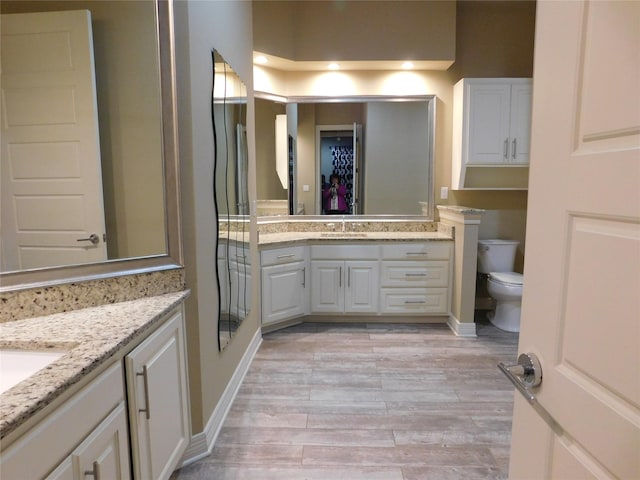 full bathroom with a sink, wood finished floors, toilet, and two vanities