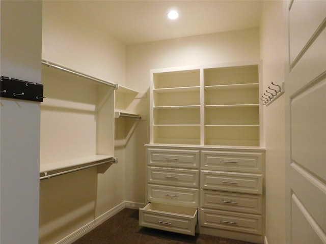 spacious closet featuring dark carpet