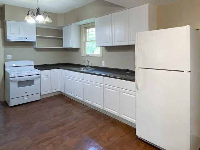 kitchen with white appliances, open shelves, a sink, white cabinets, and dark countertops