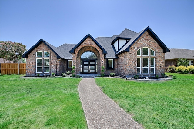 english style home featuring a front yard and french doors