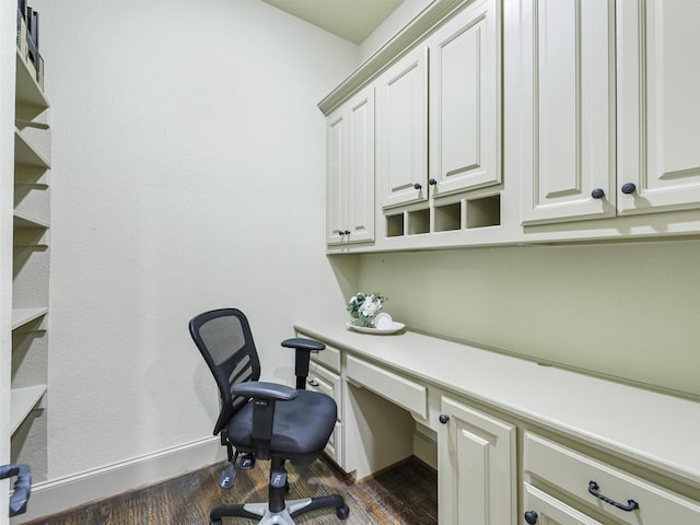 office area featuring dark hardwood / wood-style flooring and built in desk