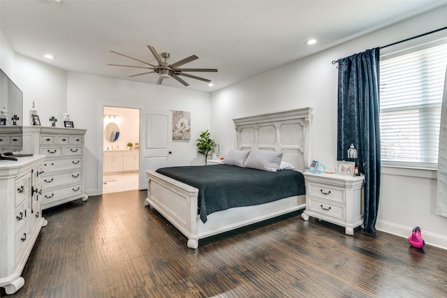 bedroom with connected bathroom, recessed lighting, dark wood-type flooring, a ceiling fan, and baseboards