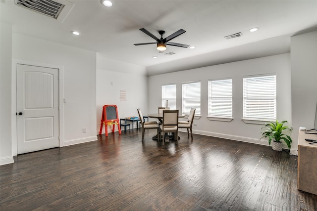 dining area with recessed lighting, dark wood-style flooring, visible vents, and baseboards