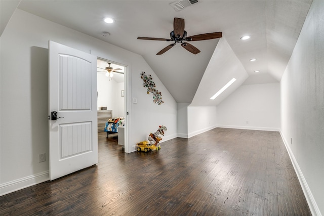 bonus room with recessed lighting, wood-type flooring, visible vents, lofted ceiling with skylight, and baseboards