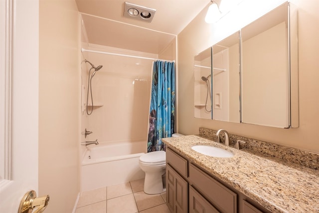 full bathroom featuring toilet, tile patterned flooring, shower / bath combo, and vanity