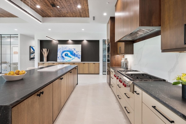 kitchen featuring a raised ceiling, stainless steel gas stovetop, dark stone counters, and premium range hood