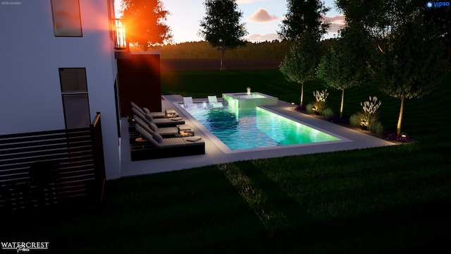 pool at dusk featuring a lawn