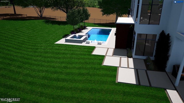 view of pool featuring a patio and a yard