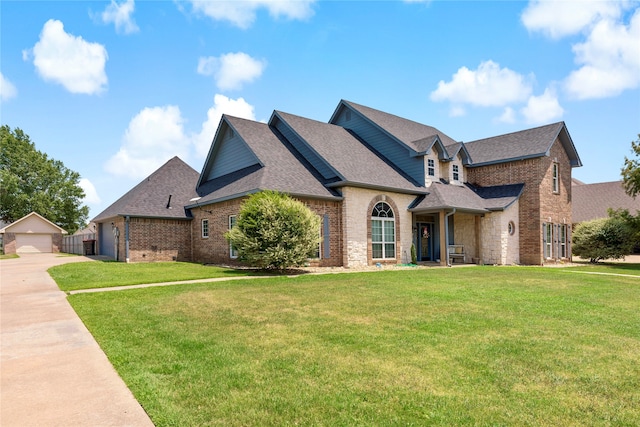 view of front of house with a garage and a front lawn