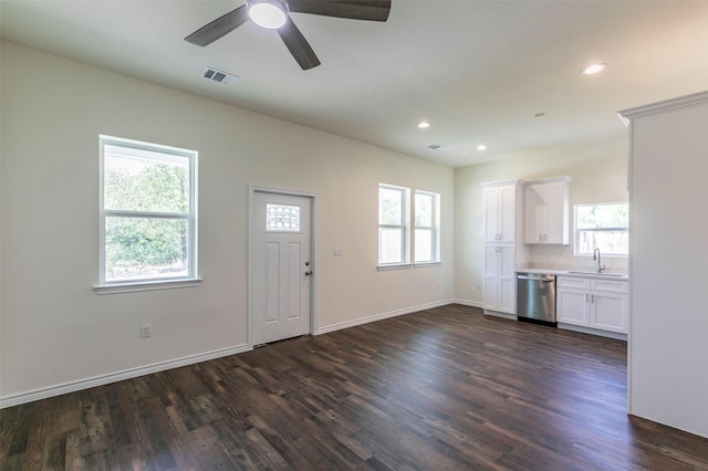 entrance foyer featuring ceiling fan, sink, and dark hardwood / wood-style floors