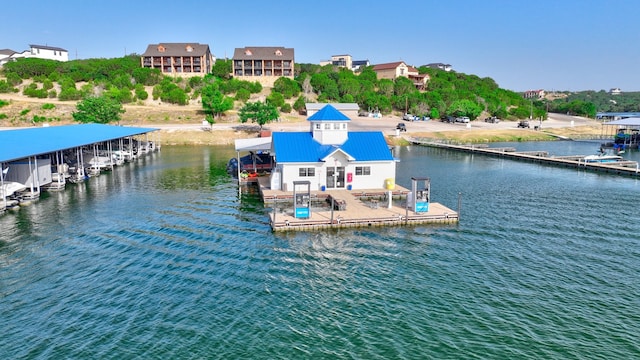 view of dock with a water view