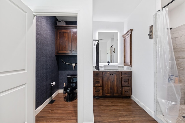 1195 Buck Creek Rd, Tioga, TX 76271 - bathroom with toilet, baseboards, wood finished floors, curtained shower, and vanity