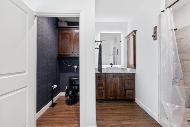 bathroom with hardwood / wood-style flooring, vanity, and curtained shower