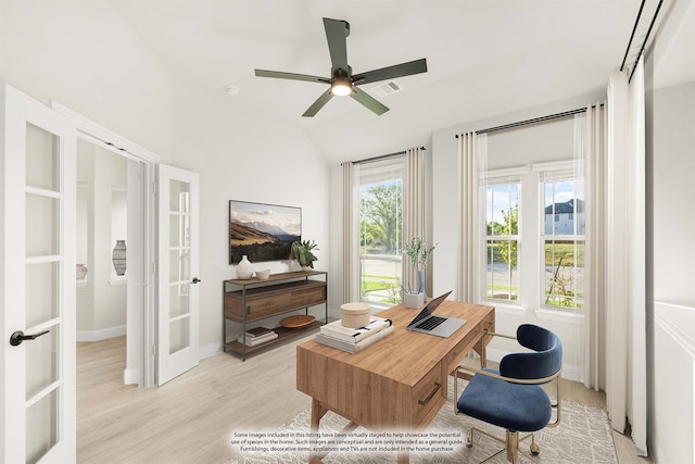 office featuring french doors, light wood-type flooring, vaulted ceiling, and ceiling fan