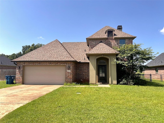 view of front of property with a garage and a front lawn