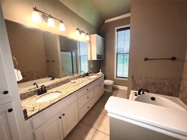 full bathroom with shower with separate bathtub, ornamental molding, vanity, toilet, and tile patterned floors