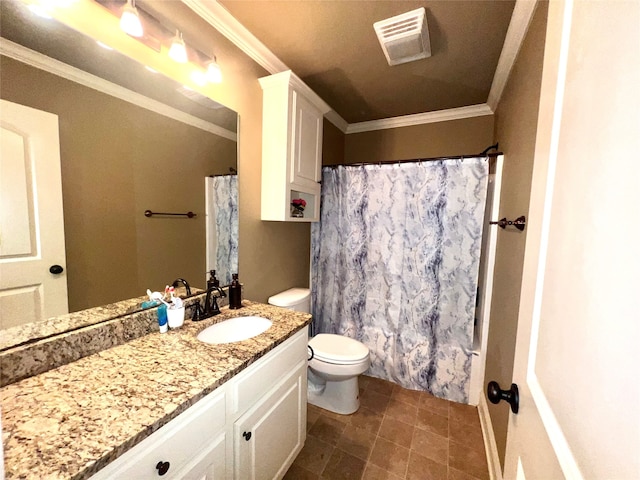 full bathroom with ornamental molding, toilet, shower / tub combo, and vanity