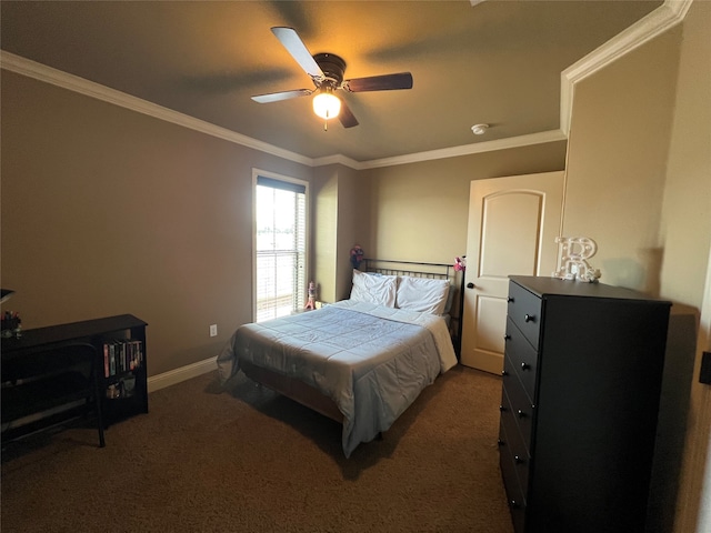 carpeted bedroom with crown molding and ceiling fan