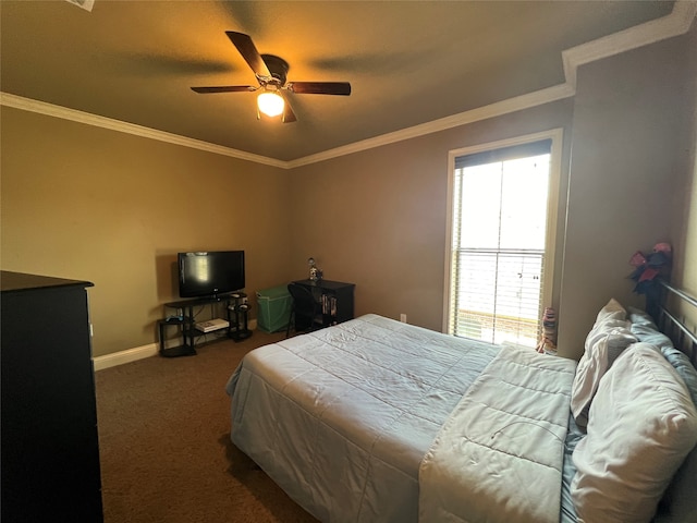 bedroom with crown molding, ceiling fan, and dark colored carpet