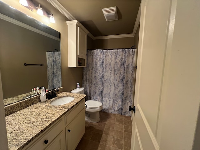 bathroom with crown molding, tile patterned flooring, vanity, toilet, and walk in shower