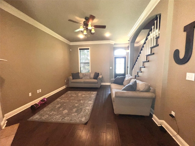 living room with crown molding, dark hardwood / wood-style floors, and ceiling fan