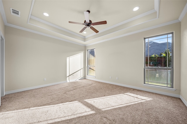 empty room featuring plenty of natural light, ceiling fan, and a tray ceiling