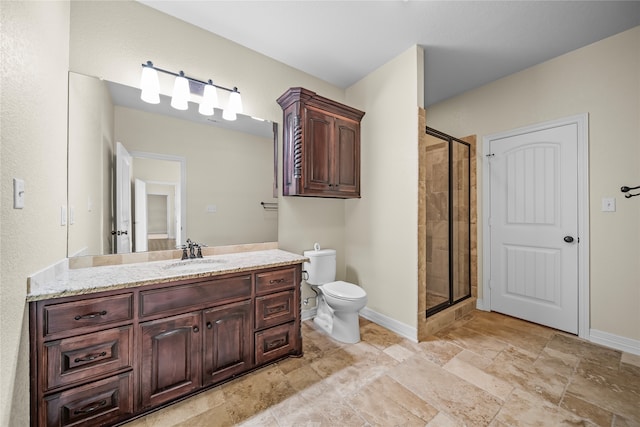 bathroom featuring a shower with shower door, tile patterned floors, toilet, and vanity