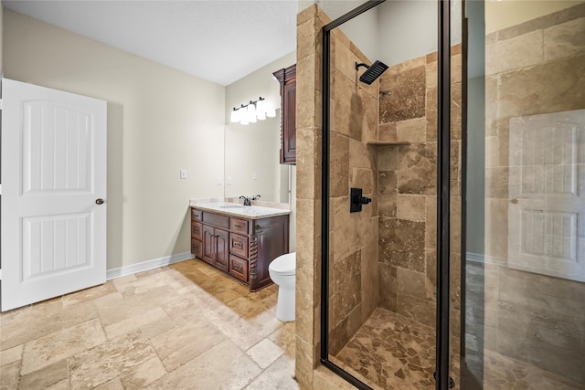 bathroom featuring a shower with door, toilet, and vanity